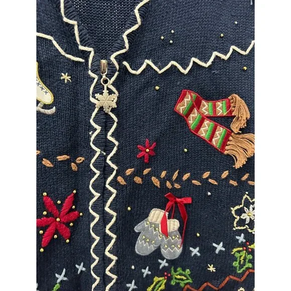 Hampshire Studio Snow Holiday Vest Navy Blue Festive Embroidery Sz L - Picture 4 of 8